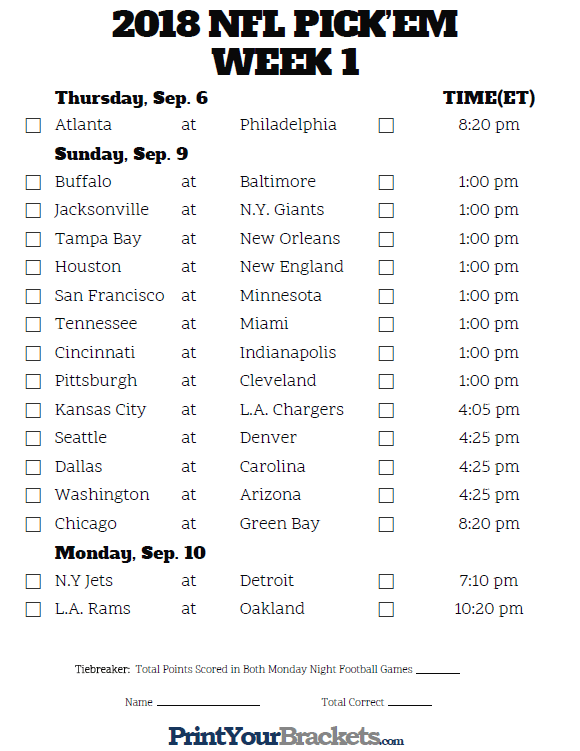 Printable Week 1 NFL Schedule Pick Em Sheets Nfl Week 1 