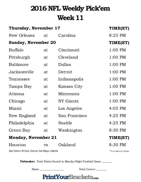 Printable Week 11 NFL Schedule Pick Em Sheets Football 
