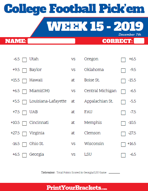 Printable Week 15 College Football Pick em Sheets 2020