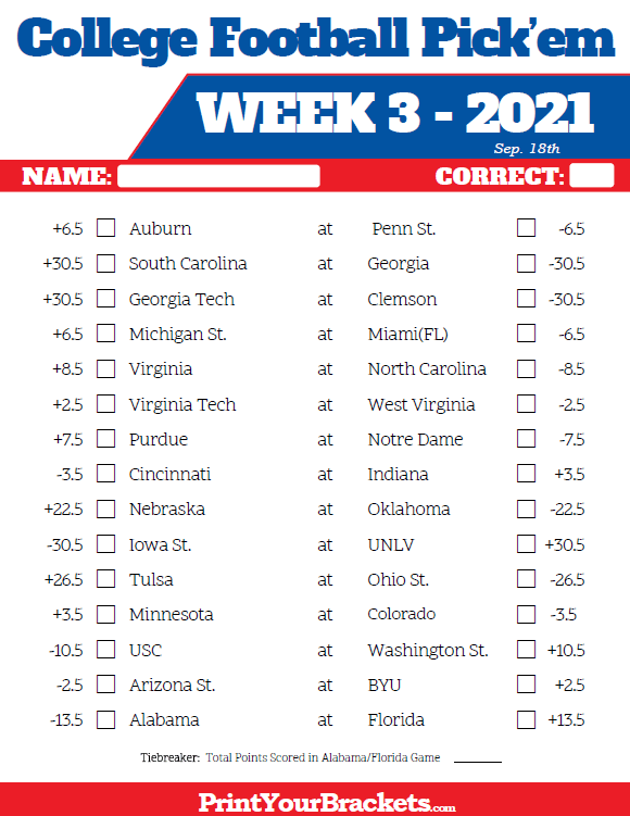Printable Week 3 College Football Pick em Sheets 2021