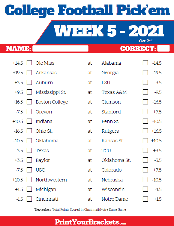 Printable Week 5 College Football Pick Em Sheets 2020