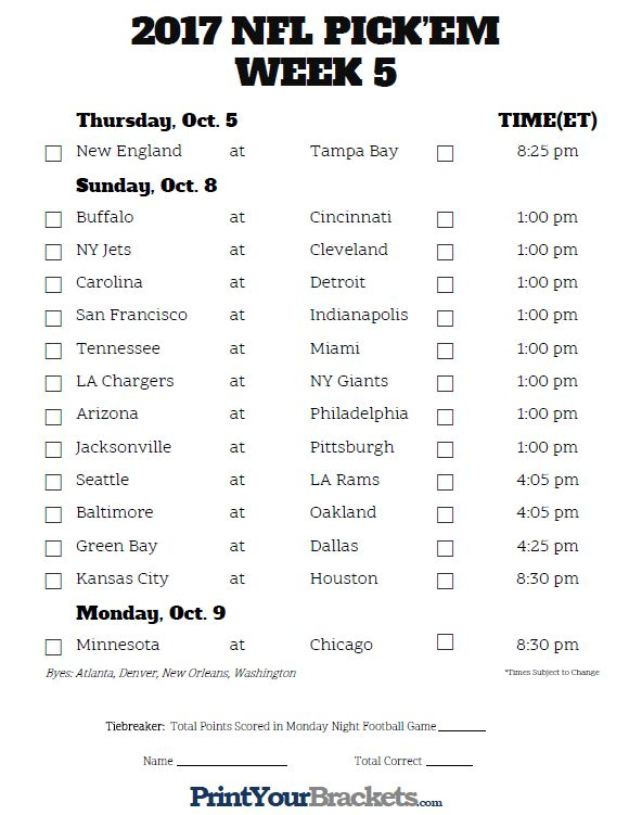 Printable Week 5 NFL Schedule Pick Em Sheets Nfl 