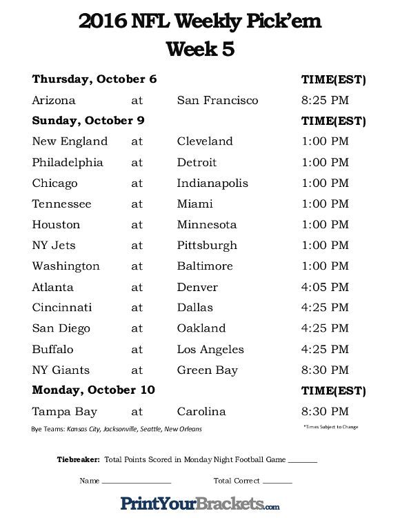 Printable Week 5 NFL Schedule Pick Em Sheets Nfl Pick 