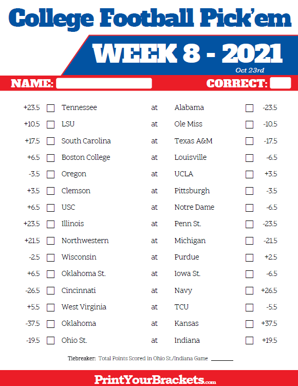 Printable Week 8 College Football Pick Em Sheets 2021