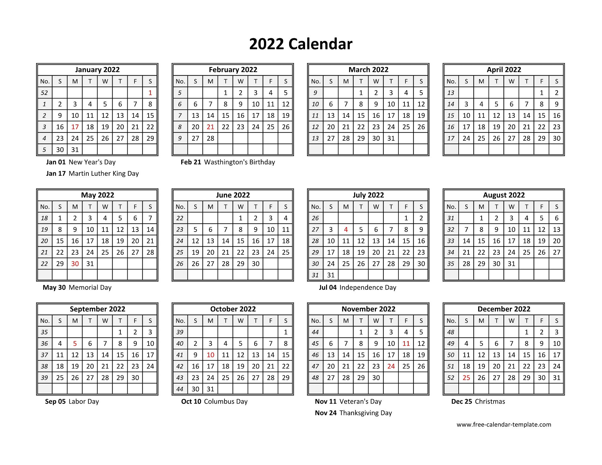 Printable Yearly Calendar 2022 Free calendar template