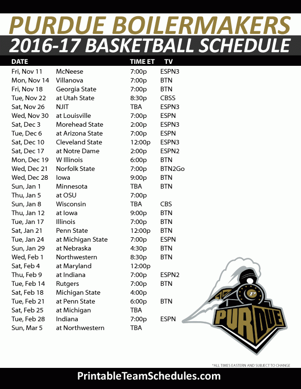 Purdue Boilermakers Basketball Schedule 2016 17 Print 
