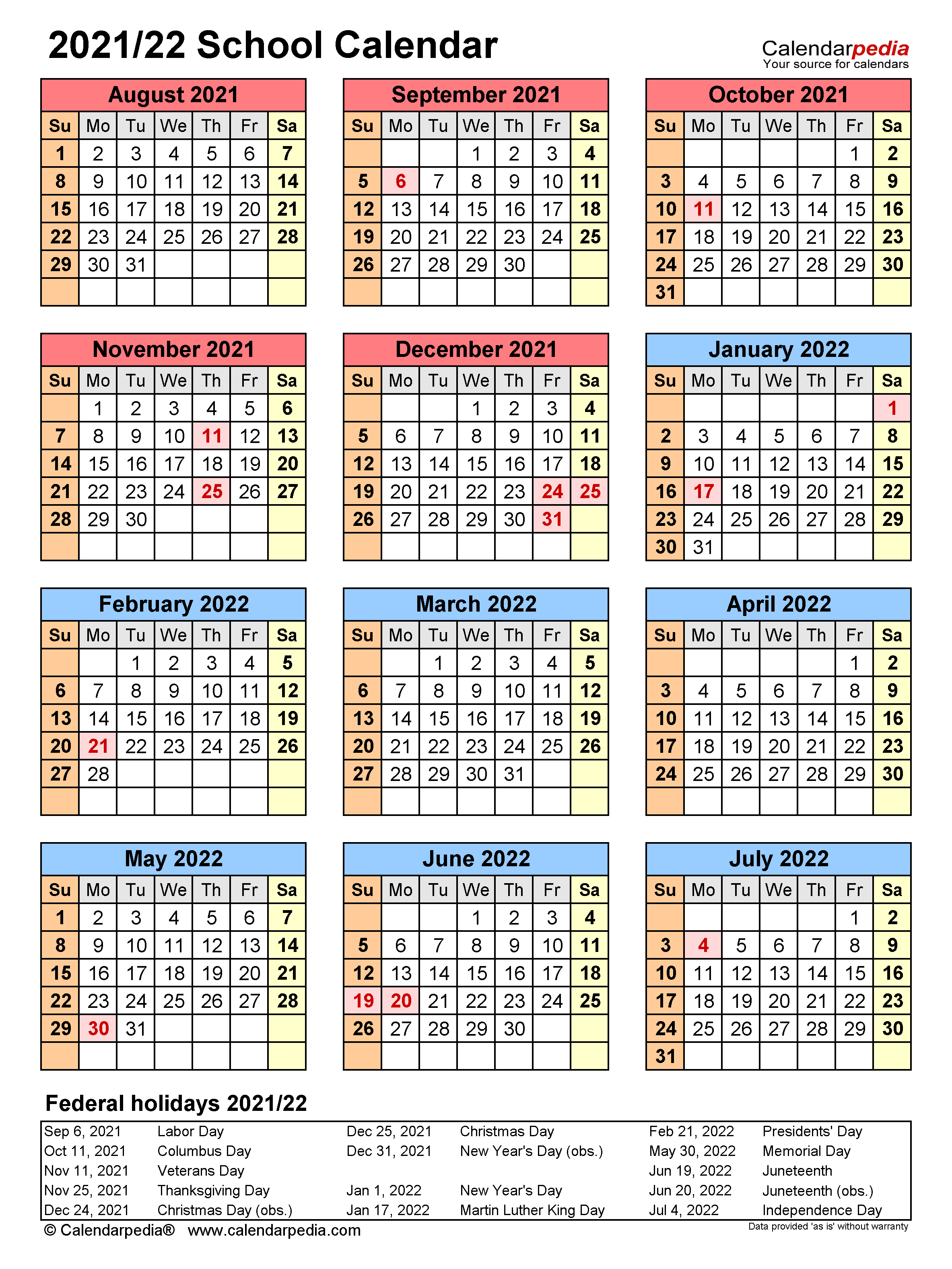 School Calendars 2021 2022 Free Printable Excel Templates