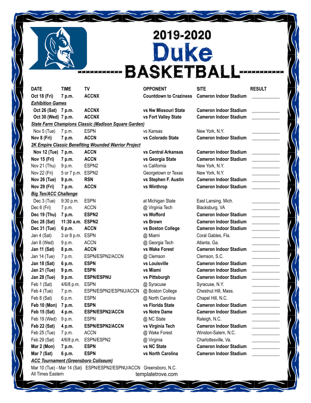 Smart Duke Basketball Schedule Printable Derrick Website