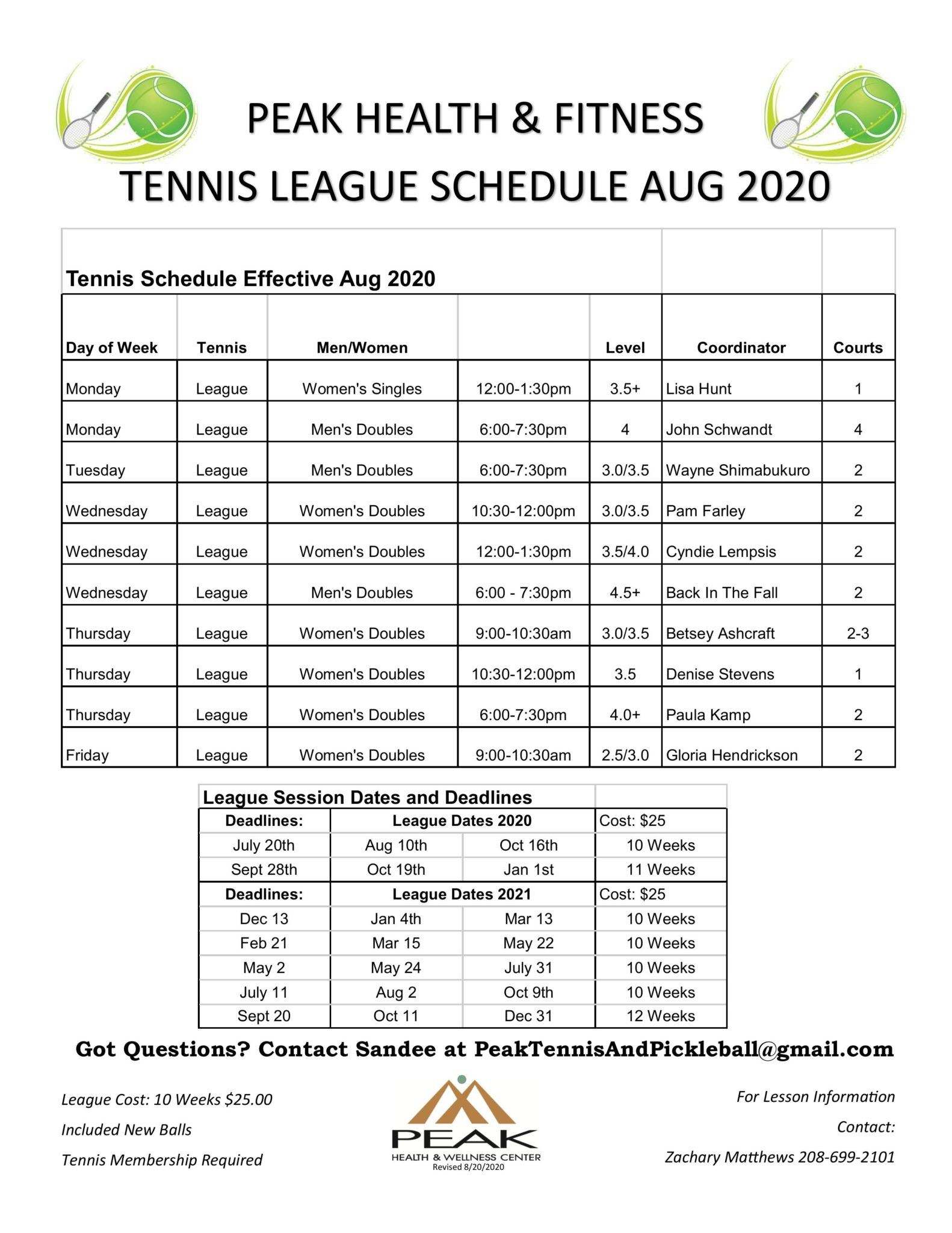Tennis Schedule Deadlines Aug 2020 Peak Health 