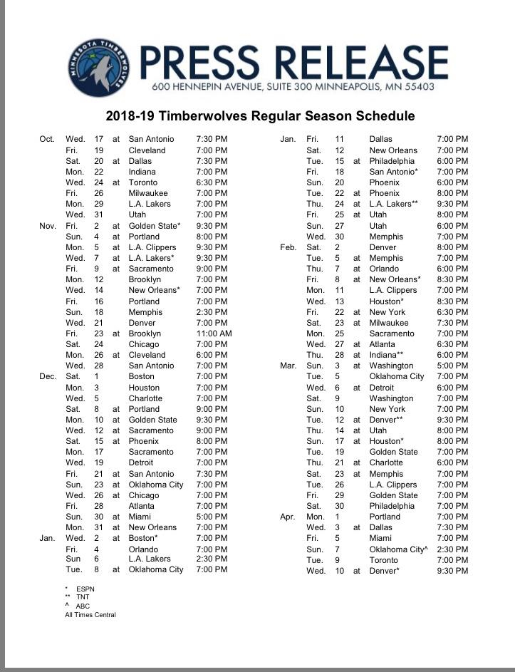 Timberwolves Schedule 2018 19 Timberwolves