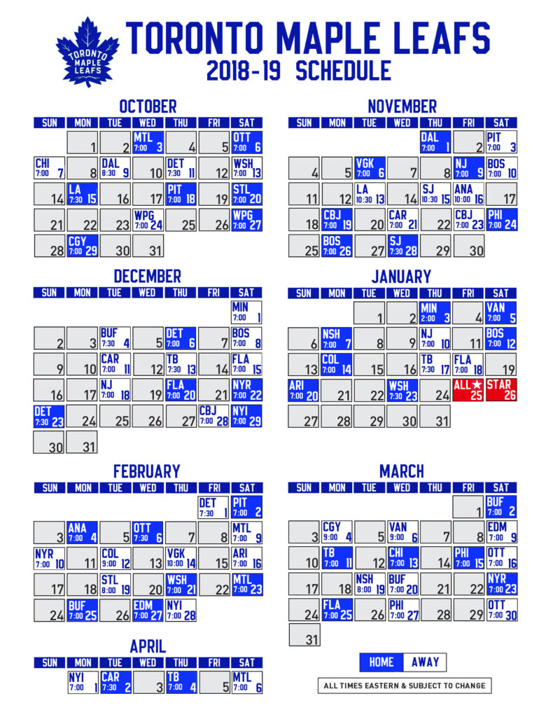 Toronto Maple Leafs 2018 19 Printable Schedule Leafs