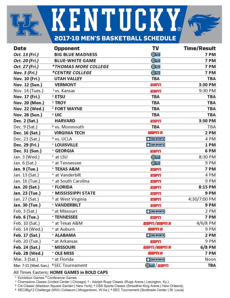 University Of Kentucky Printable Basketball Schedule 