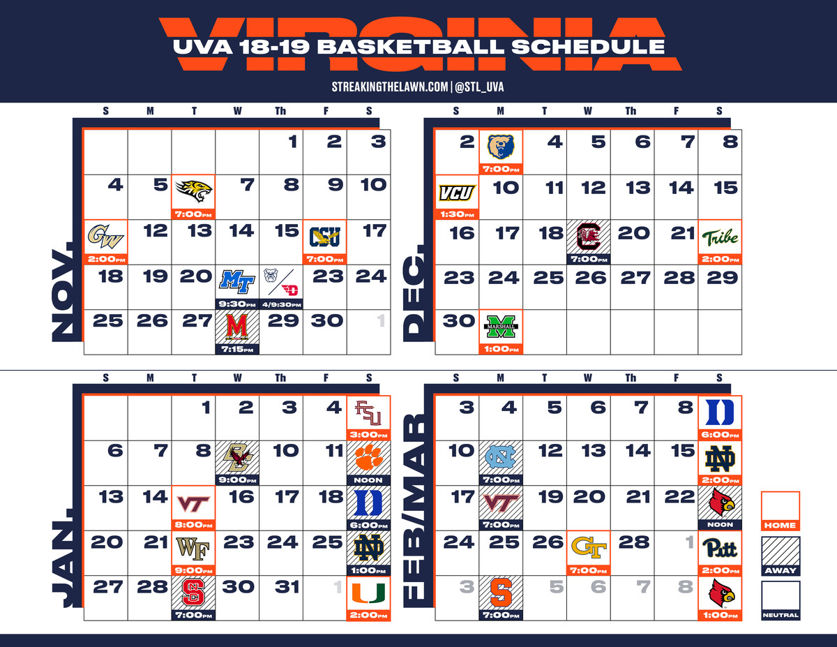 Virginia Basketball 18 19 Printable Schedule Streaking 
