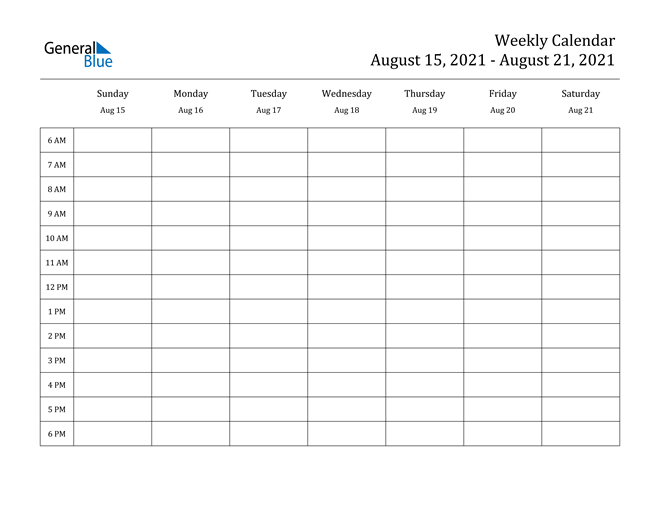 Weekly Calendar August 15 2021 To August 21 2021 