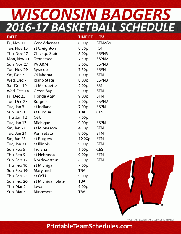 Wisconsin Badgers Basketball Schedule 2016 17 Print Here 
