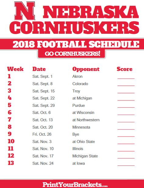 2018 Printable Nebraska Cornhuskers Football Schedule Ohio State 