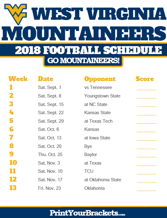 2018 Printable West Virginia Mountaineers Football Schedule West