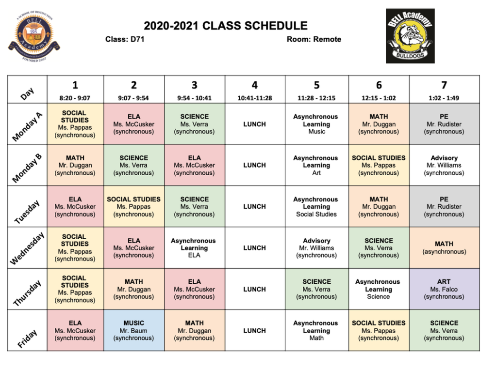 7th Grade Schedules BELL Academy