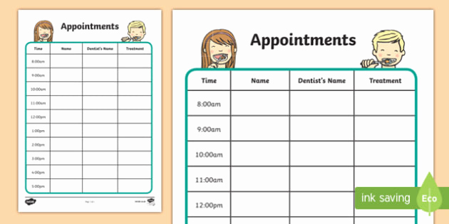 Appointment Time Sheet And Dentists Dental Surgery Appointment Sheet 