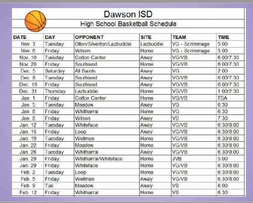 Dawson Independent School District 2020 Basketball Schedules