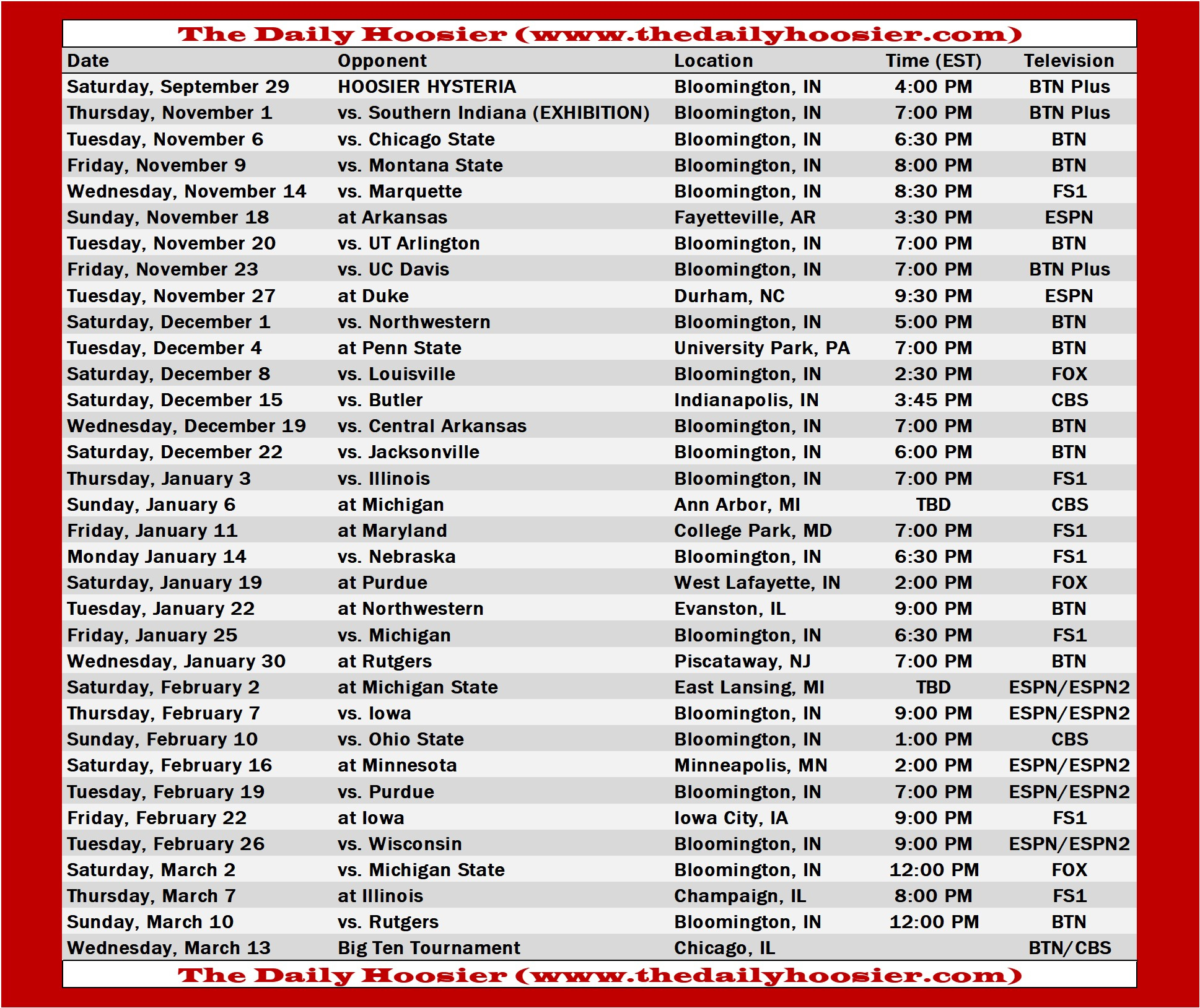Indiana Basketball 2018 19 Schedule TV Tip Times And Printable 