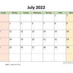 July 2022 Calendar Printable With Coloring On Weekend Horizontal