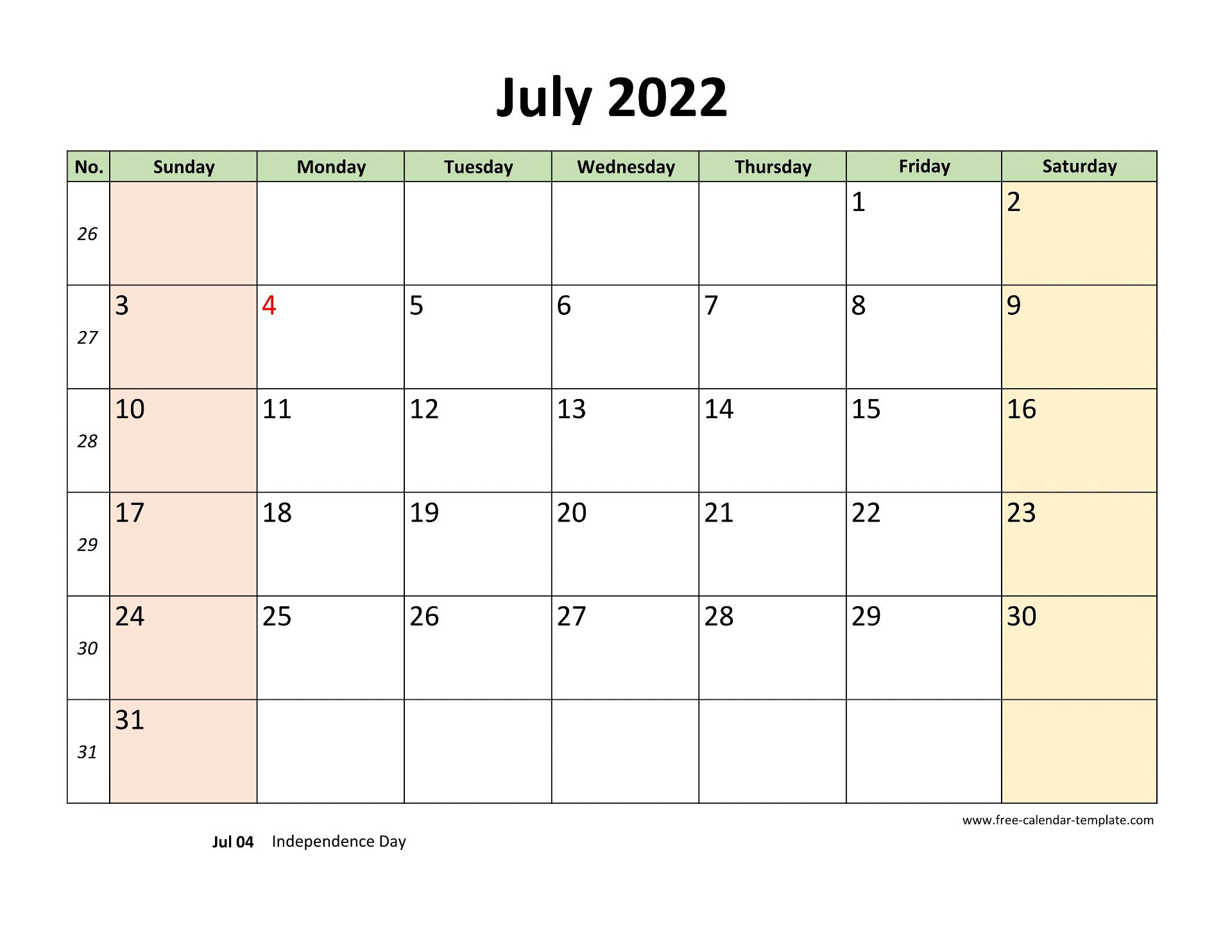 July 2022 Calendar Printable With Coloring On Weekend horizontal 