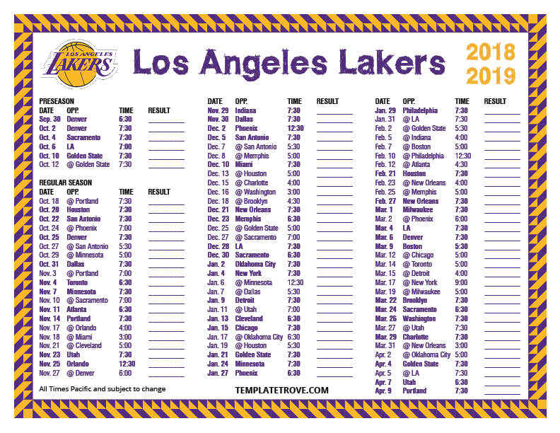 Lakers Schedule Printable That Are Geeky Derrick Website