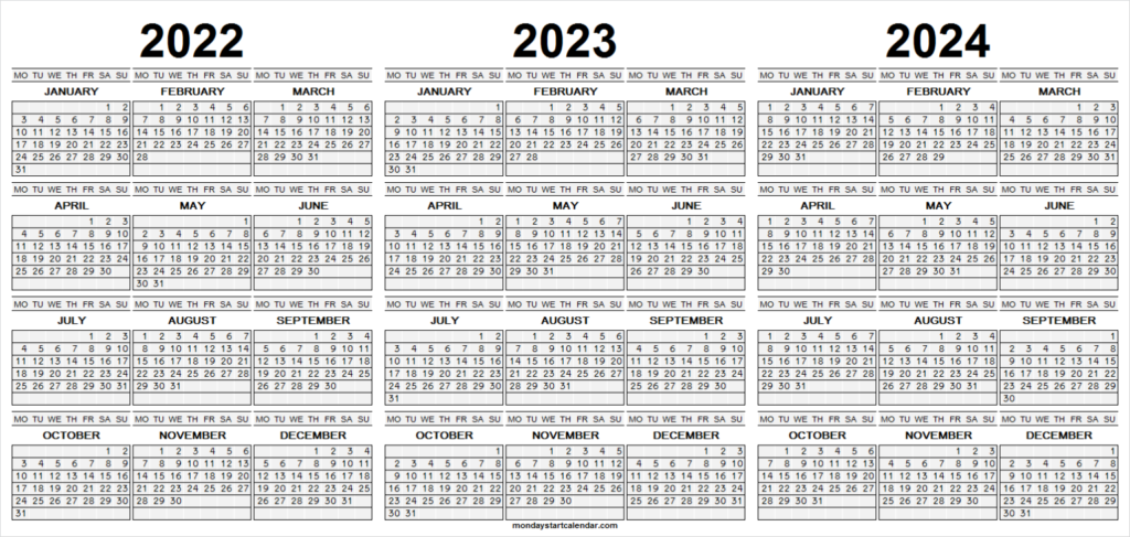 Monday Start Three Year Calendar 2022 2023 And 2024 Free Calendar