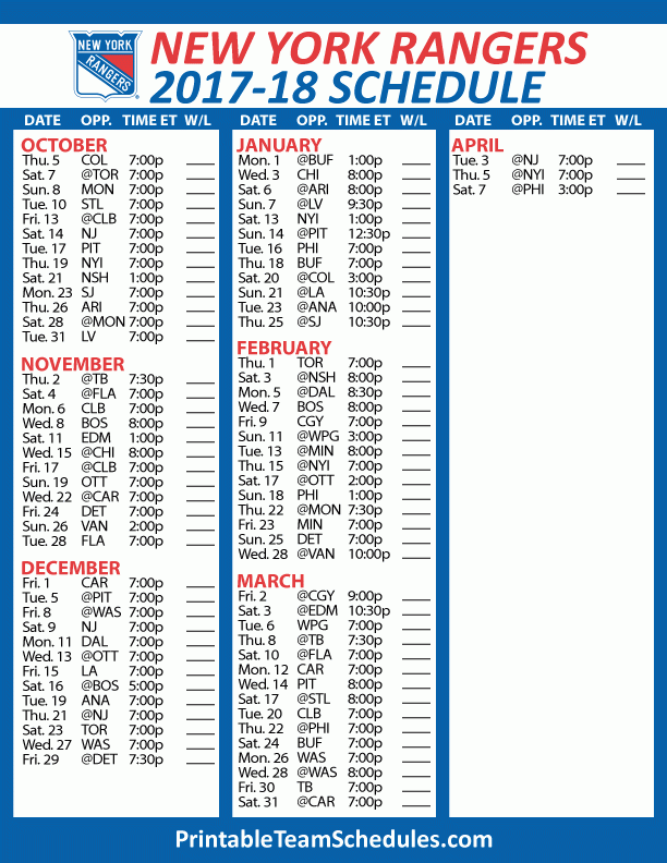 New York Rangers Printable Schedule 2021 22 FreePrintableTM 