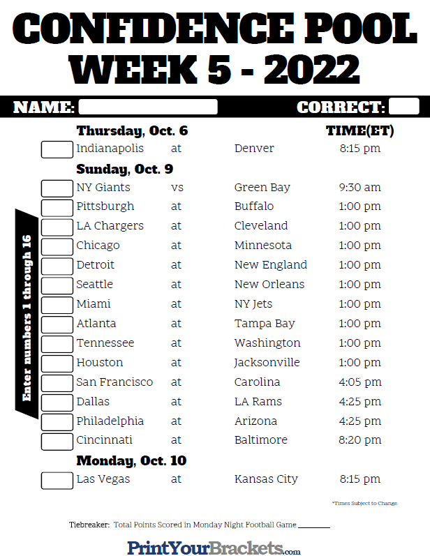 Nfl Week 5 Printable Schedule That Are Witty Brad Website