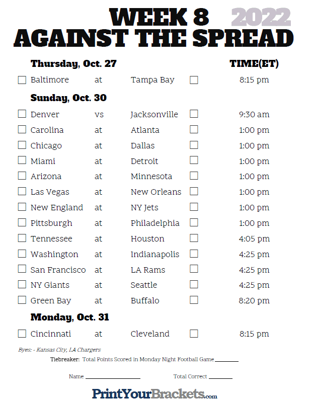 NFL Week 8 Pick Em Against The Spread Sheets Printable