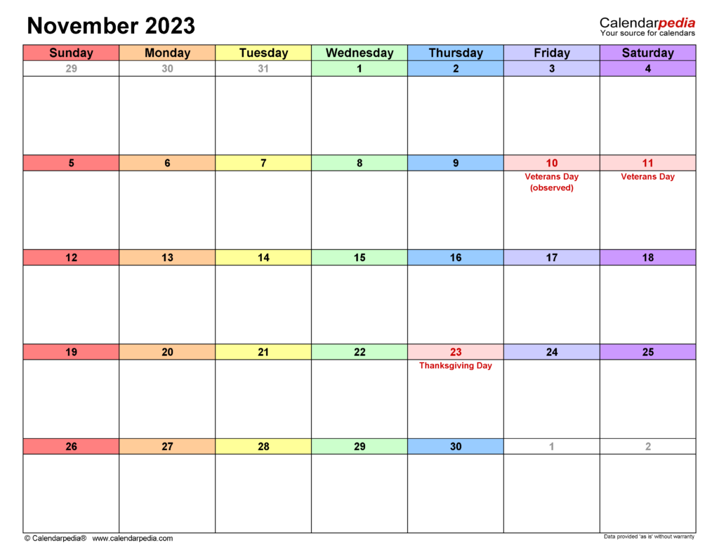 November 2023 Calendar Templates For Word Excel And PDF