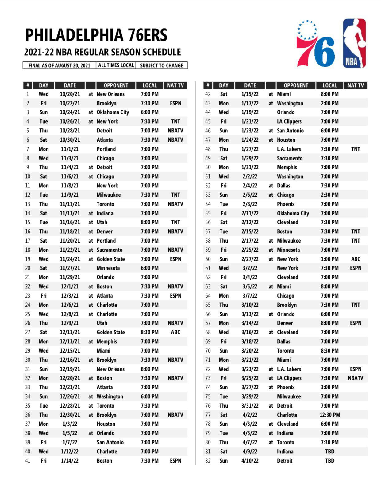 Our Official 2021 22 NBA Regular Season Schedule Sixers