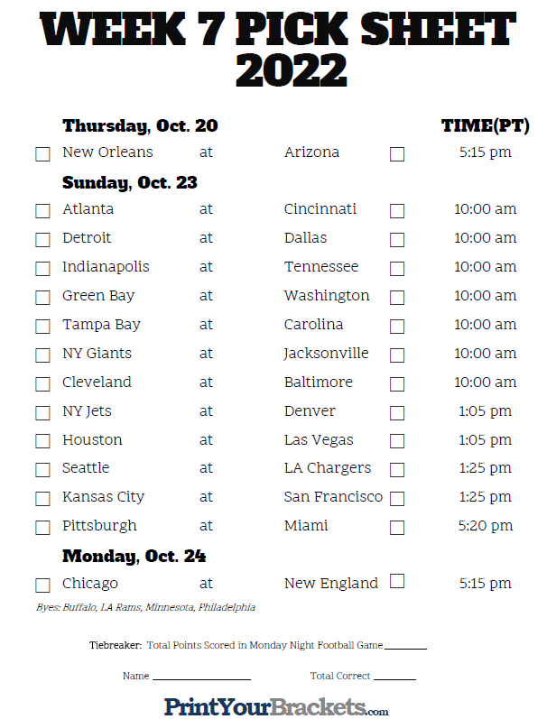 Pacific Time Week 7 NFL Schedule 2020 Printable
