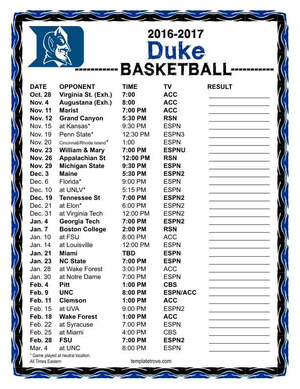 Printable 2016 2017 Duke Blue Devils Basketball Schedule
