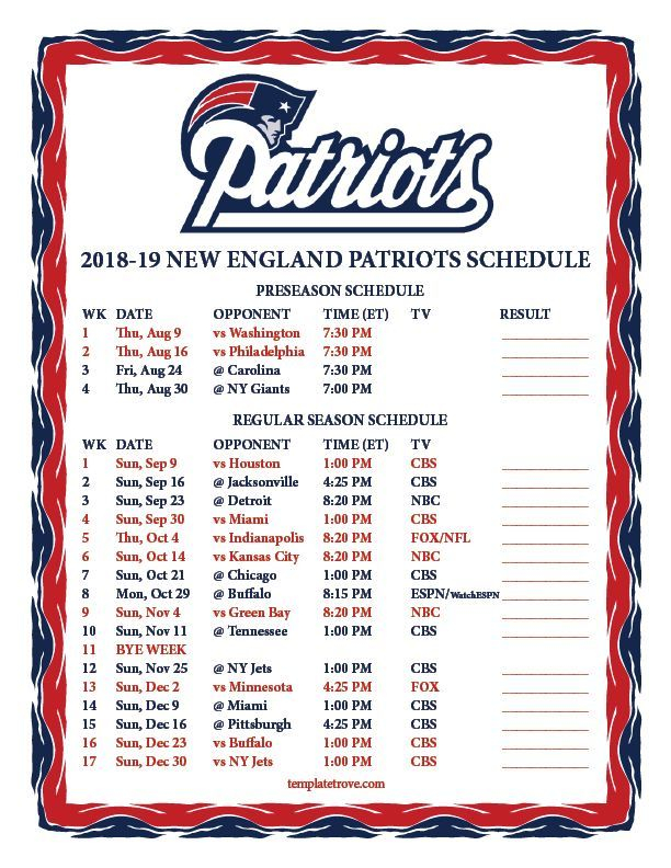 Printable 2018 2019 New England Patriots Schedule Patriots Schedule 