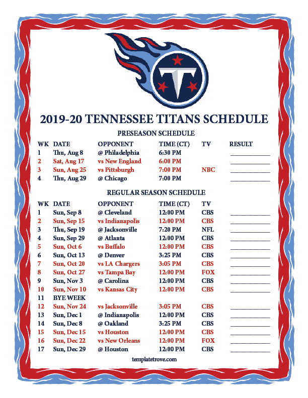 Printable 2019 2020 Tennessee Titans Schedule