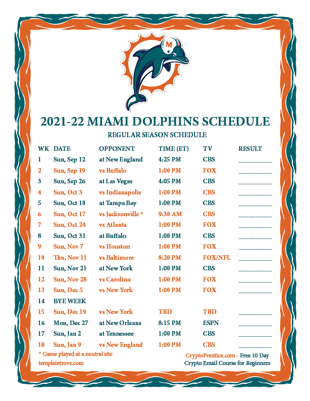 Printable 2021 2022 Miami Dolphins Schedule
