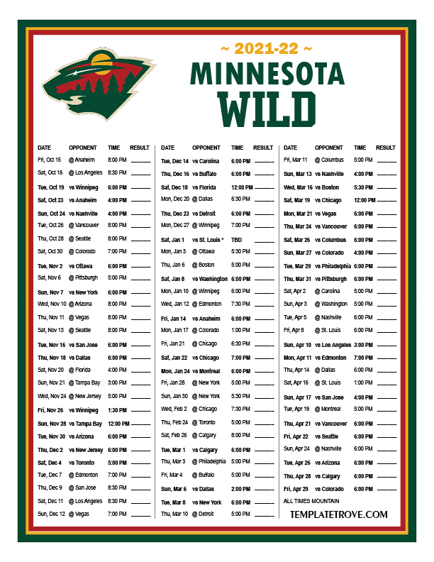 Printable 2021 2022 Minnesota Wild Schedule