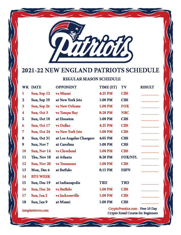 Printable 2021 2022 New England Patriots Schedule