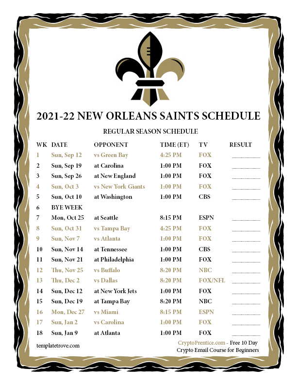 Printable 2021 2022 New Orleans Saints Schedule