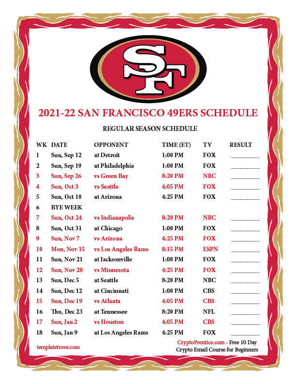 Printable 2021 2022 San Francisco 49ers Schedule