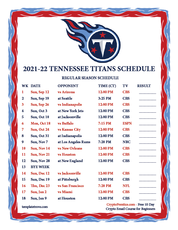 Printable 2021 2022 Tennessee Titans Schedule