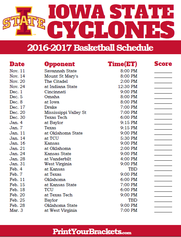 Printable Iowa State Cyclones 2016 2017 College Basketball Schedule