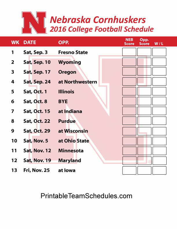 Printable Nebraska Cornhuskers Football Schedule 2016 Nebraska