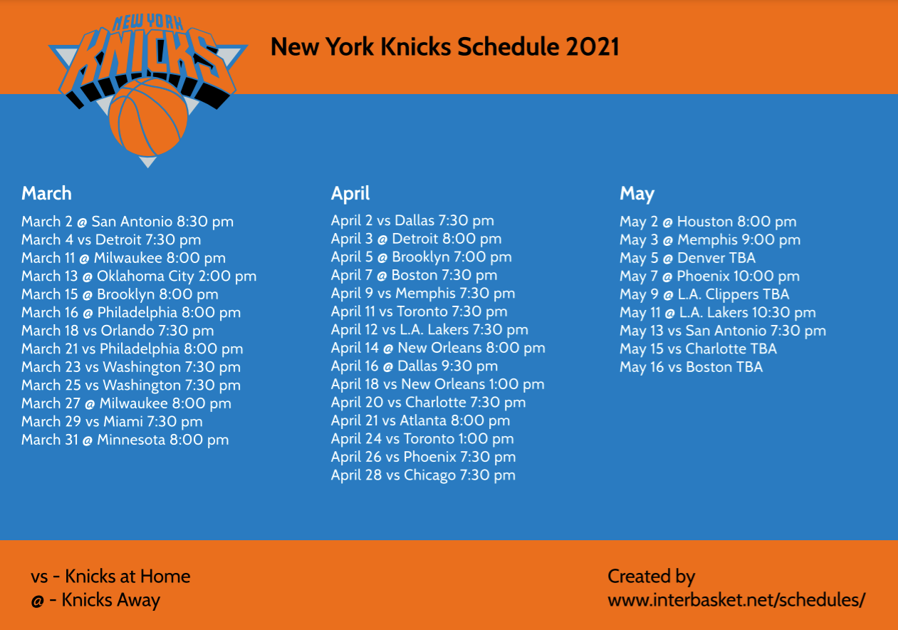 Printable New York Knicks Schedule Free NYK TV Schedule For 2020 21 