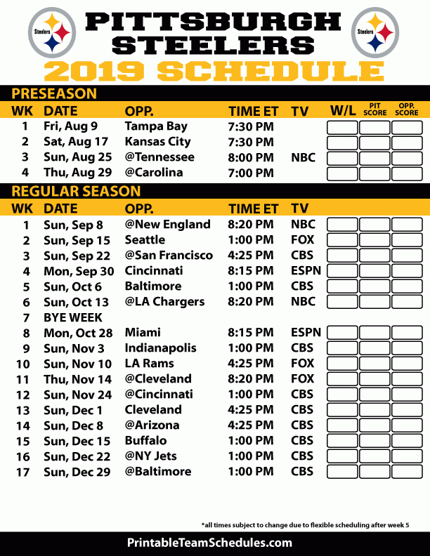 Printable Pittsburgh Steelers 2019 Schedule Pittsburgh Steelers 