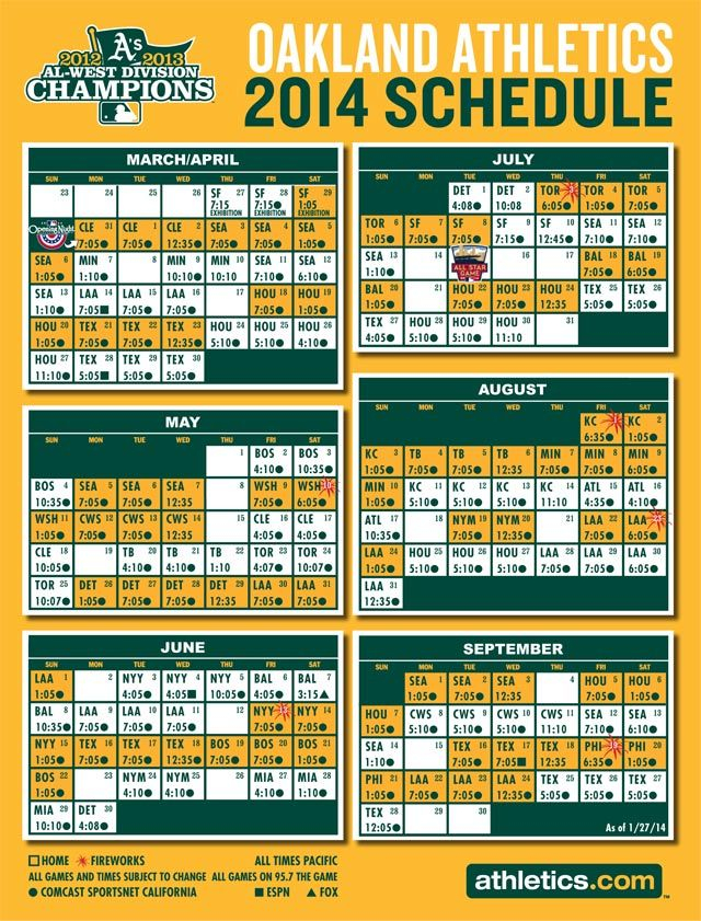 Printable Schedules Oakland Athletics Oakland Printable Schedule