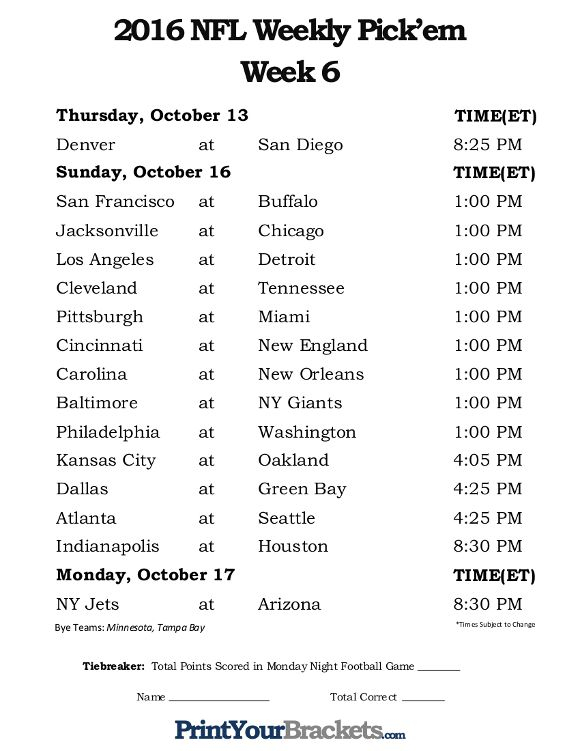 Printable Week 6 NFL Schedule Pick Em Sheets Nfl Nfl Football Pick Em